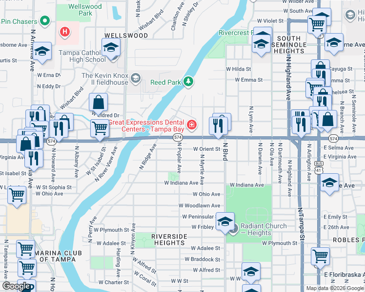 map of restaurants, bars, coffee shops, grocery stores, and more near 815 West Orient Street in Tampa