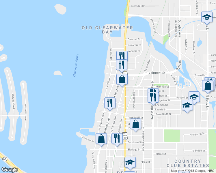 map of restaurants, bars, coffee shops, grocery stores, and more near 1503 Sunset Drive in Clearwater
