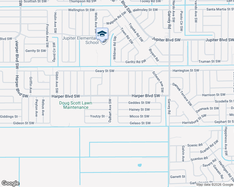 map of restaurants, bars, coffee shops, grocery stores, and more near 877 Harper Boulevard Southwest in Palm Bay