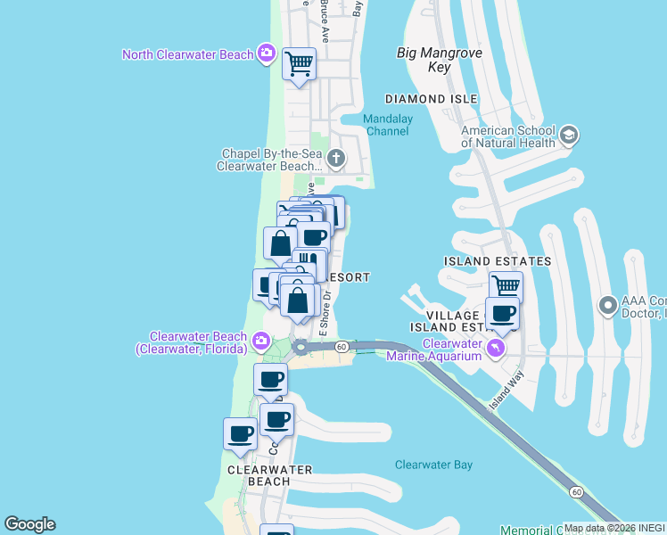 map of restaurants, bars, coffee shops, grocery stores, and more near 473 East Shore Drive in Clearwater