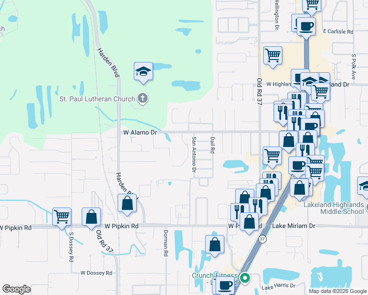 map of restaurants, bars, coffee shops, grocery stores, and more near 4635 Dimbath Drive in Lakeland
