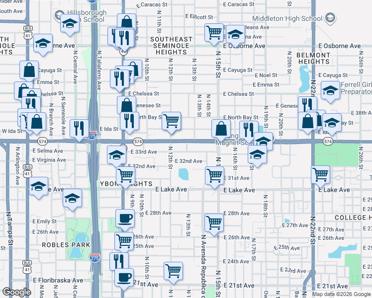 map of restaurants, bars, coffee shops, grocery stores, and more near 1214 East 33rd Avenue in Tampa