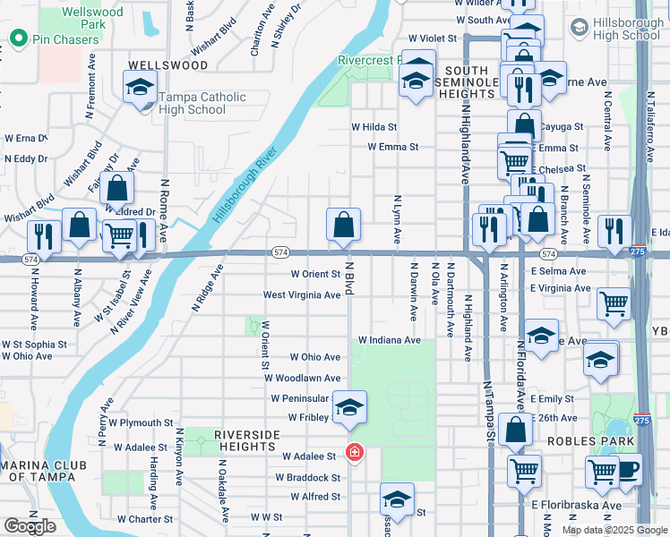 map of restaurants, bars, coffee shops, grocery stores, and more near 707 West Orient Street in Tampa