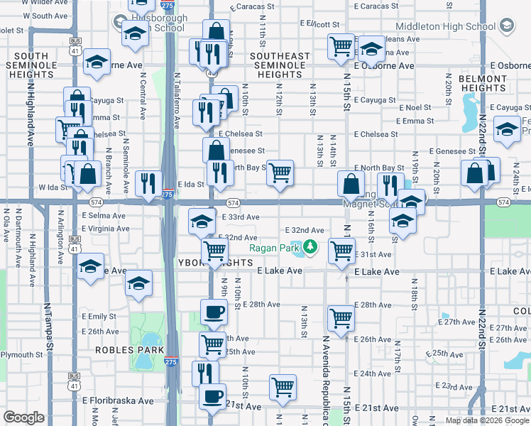 map of restaurants, bars, coffee shops, grocery stores, and more near 1113 East Martin Luther King Junior Boulevard in Tampa