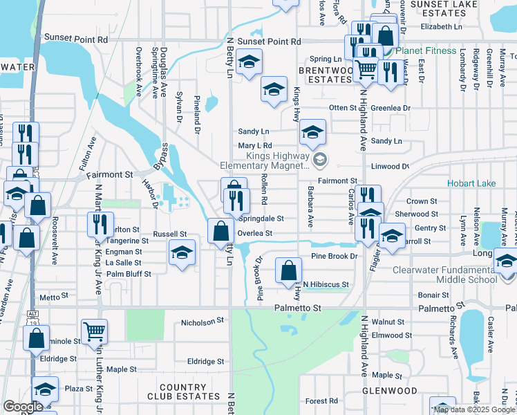 map of restaurants, bars, coffee shops, grocery stores, and more near 1329 Woodbine Street in Clearwater