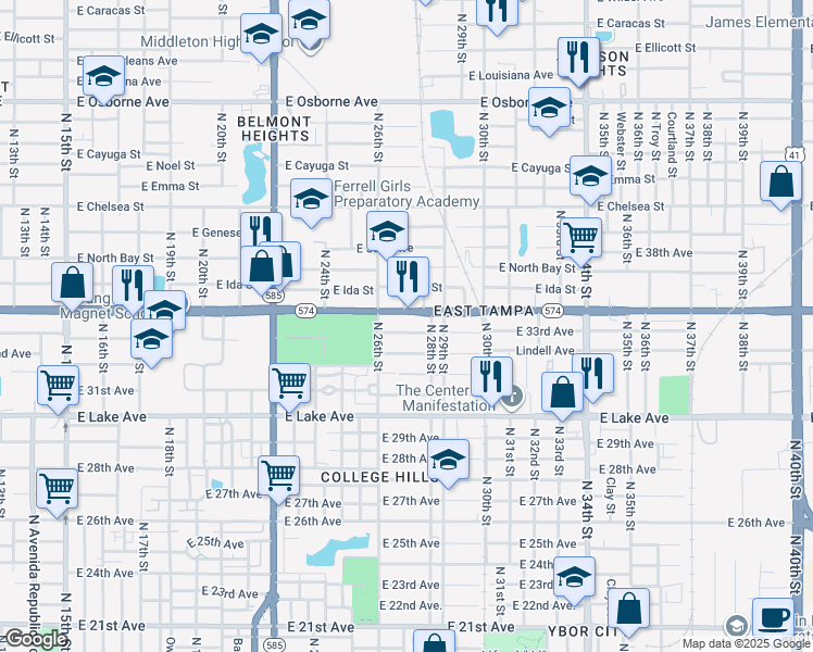 map of restaurants, bars, coffee shops, grocery stores, and more near 2614 East 33rd Avenue in Tampa