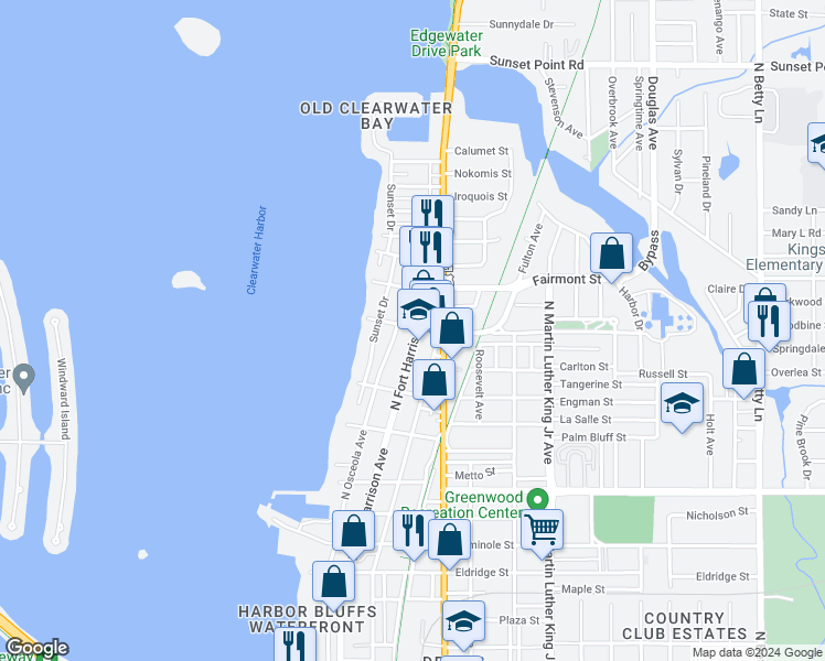 map of restaurants, bars, coffee shops, grocery stores, and more near 1504 North Fort Harrison Avenue in Clearwater