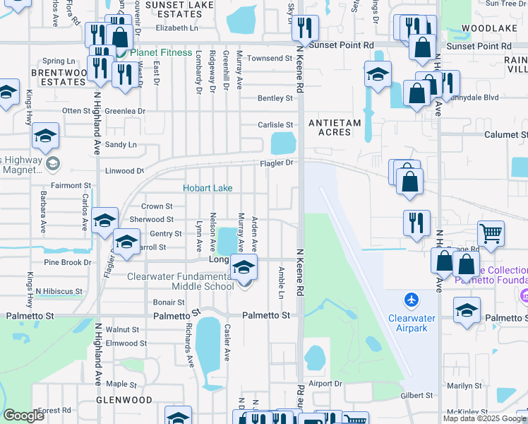map of restaurants, bars, coffee shops, grocery stores, and more near 1405 Arden Avenue in Clearwater