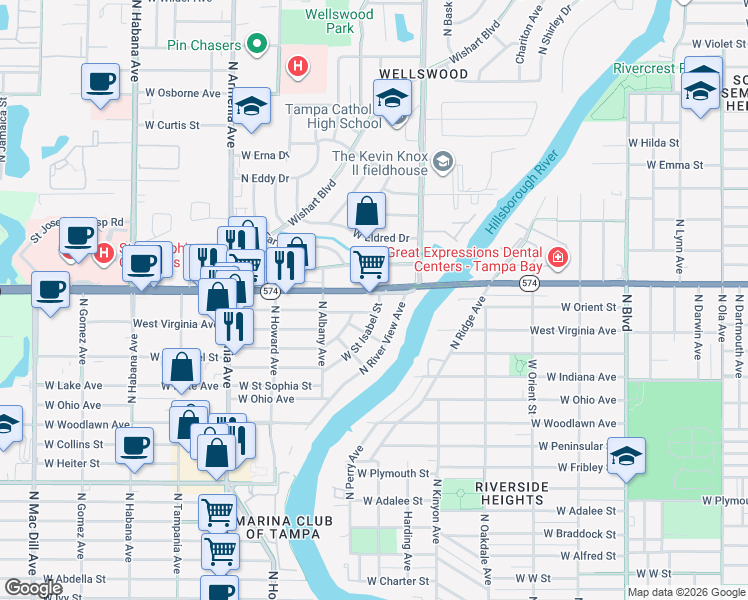 map of restaurants, bars, coffee shops, grocery stores, and more near 1908 West Doctor Martin Luther King Junior Boulevard in Tampa