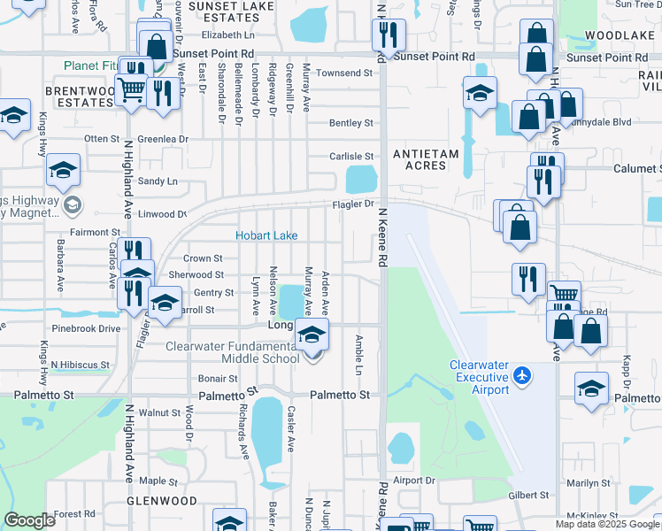 map of restaurants, bars, coffee shops, grocery stores, and more near 1405 South Arden Avenue in Clearwater