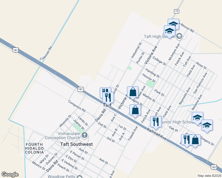 map of restaurants, bars, coffee shops, grocery stores, and more near 102 Packing House Avenue in Taft