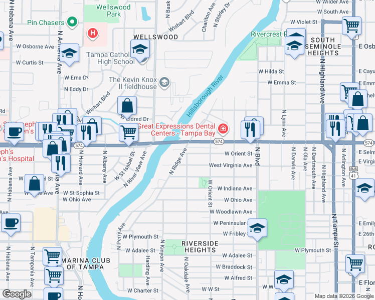 map of restaurants, bars, coffee shops, grocery stores, and more near 913 West Orient Street in Tampa