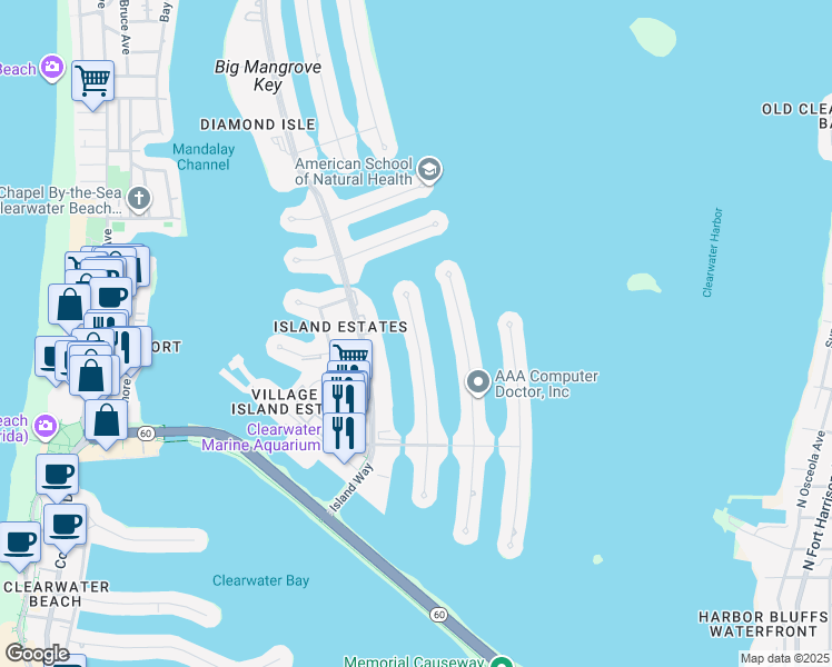 map of restaurants, bars, coffee shops, grocery stores, and more near 324 Leeward Island in Clearwater