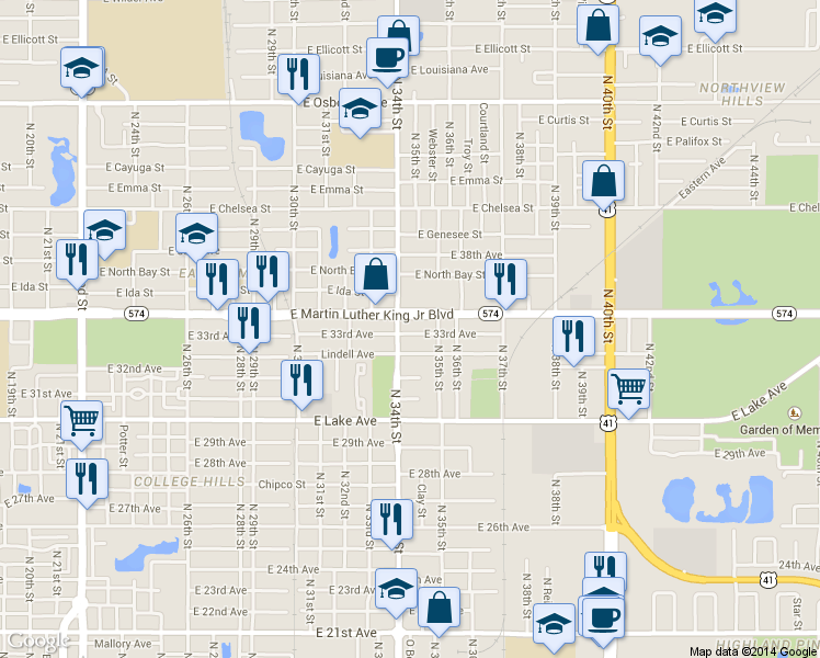 map of restaurants, bars, coffee shops, grocery stores, and more near 3402 East 33rd Avenue in Tampa