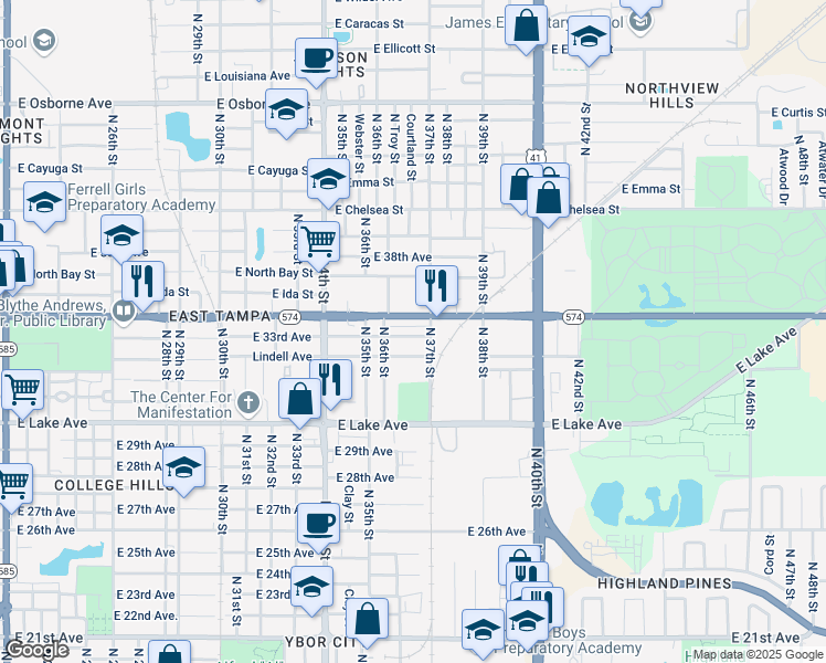 map of restaurants, bars, coffee shops, grocery stores, and more near 3614 East 33rd Avenue in Tampa