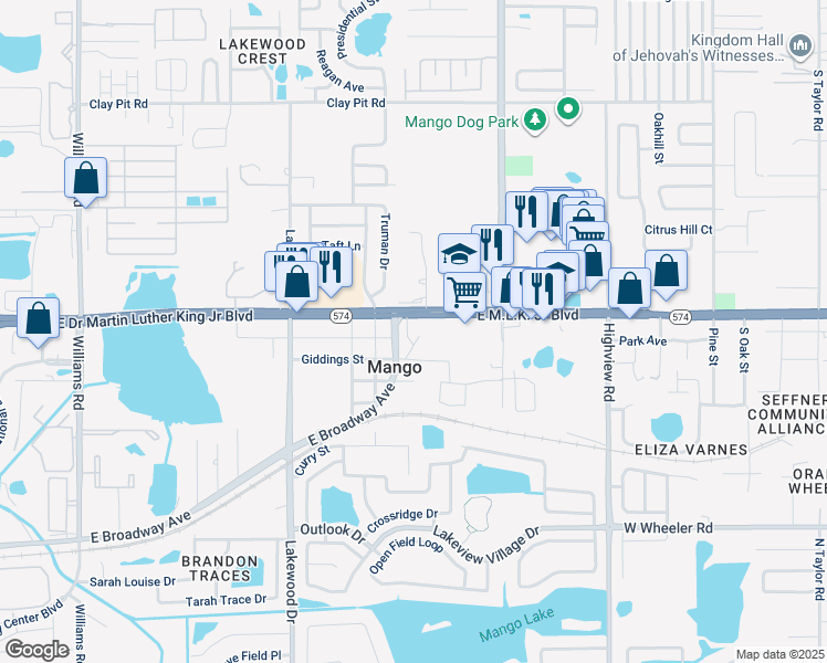 map of restaurants, bars, coffee shops, grocery stores, and more near 11511 East Doctor Martin Luther King Junior Boulevard in Seffner