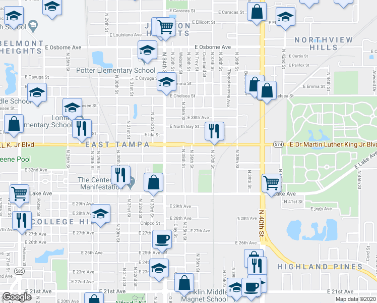 map of restaurants, bars, coffee shops, grocery stores, and more near 3506 East 33rd Avenue in Tampa