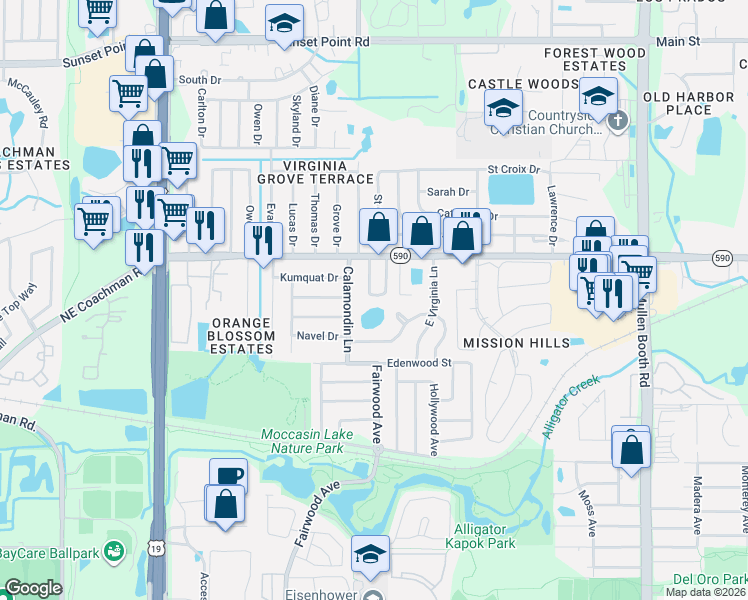 map of restaurants, bars, coffee shops, grocery stores, and more near 1500 Country Lane West in Clearwater