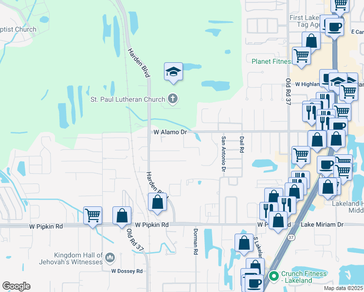 map of restaurants, bars, coffee shops, grocery stores, and more near 4635 Sandy Lane in Lakeland