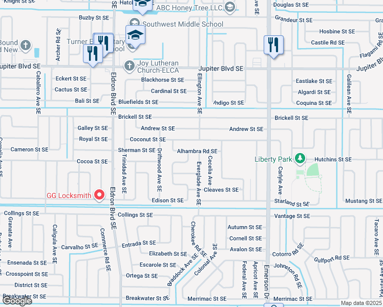 map of restaurants, bars, coffee shops, grocery stores, and more near 701 Arabia Road Southeast in Palm Bay