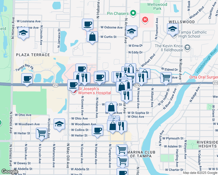 map of restaurants, bars, coffee shops, grocery stores, and more near 2550 West Doctor Martin Luther King Junior Boulevard in Tampa