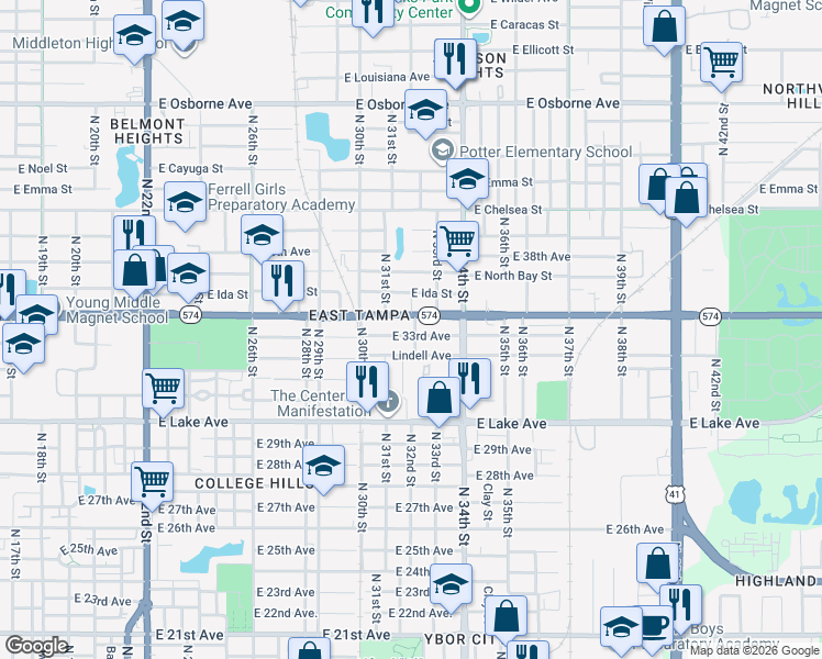 map of restaurants, bars, coffee shops, grocery stores, and more near 3108 East 33rd Avenue in Tampa