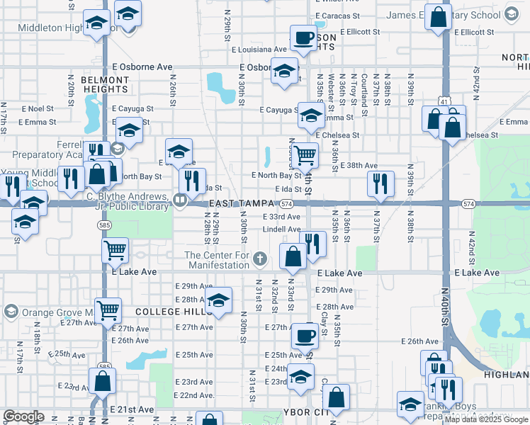 map of restaurants, bars, coffee shops, grocery stores, and more near 3108 East 33rd Avenue in Tampa