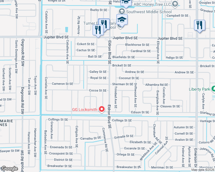 map of restaurants, bars, coffee shops, grocery stores, and more near 378 Sherman Street Southeast in Palm Bay