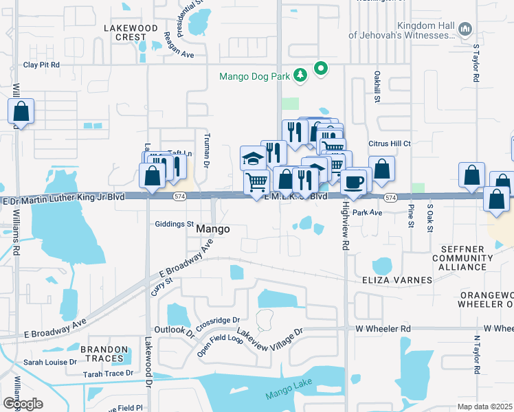 map of restaurants, bars, coffee shops, grocery stores, and more near 11611 East Doctor Martin Luther King Junior Boulevard in Seffner