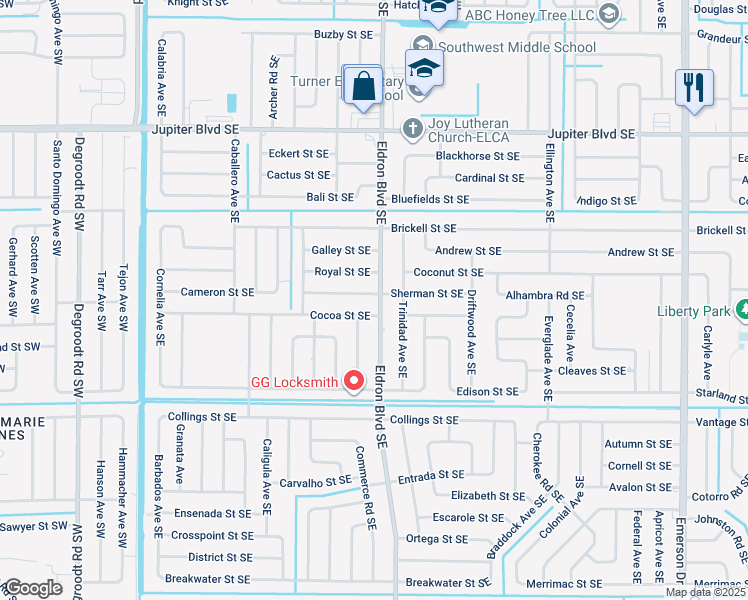 map of restaurants, bars, coffee shops, grocery stores, and more near 378 Sherman Street Southeast in Palm Bay