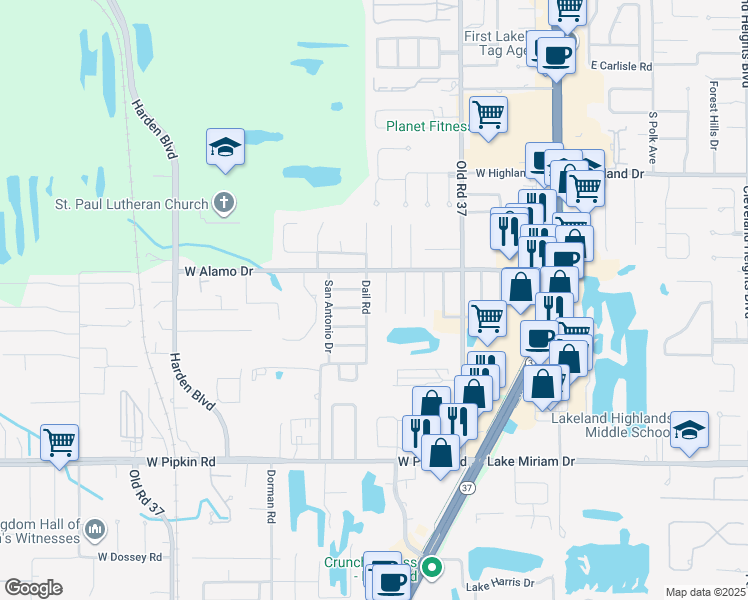map of restaurants, bars, coffee shops, grocery stores, and more near 4637 South Terry Avenue in Lakeland