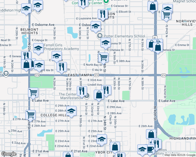 map of restaurants, bars, coffee shops, grocery stores, and more near 3210 East 33rd Avenue in Tampa