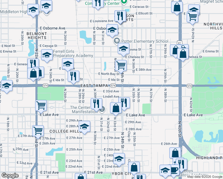 map of restaurants, bars, coffee shops, grocery stores, and more near 3210 East 33rd Avenue in Tampa
