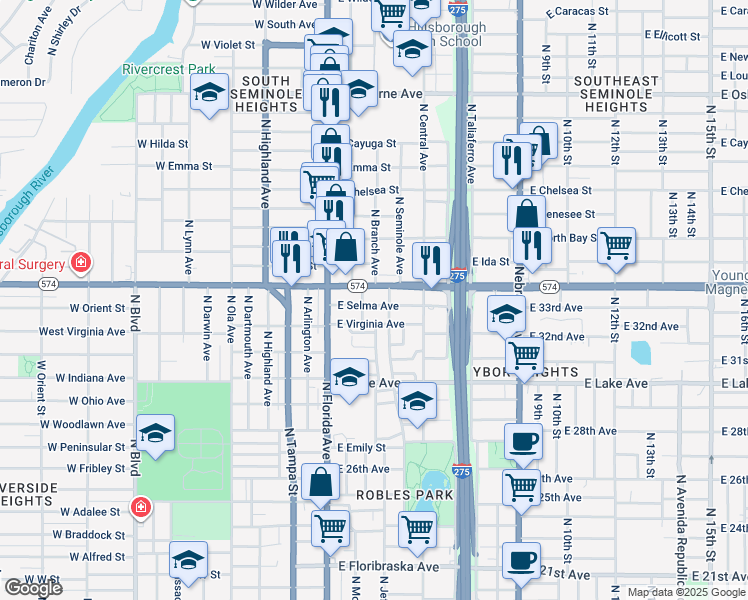 map of restaurants, bars, coffee shops, grocery stores, and more near 3908 North Suwanee Avenue in Tampa