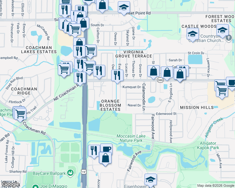 map of restaurants, bars, coffee shops, grocery stores, and more near 1502 West Virginia Lane in Clearwater