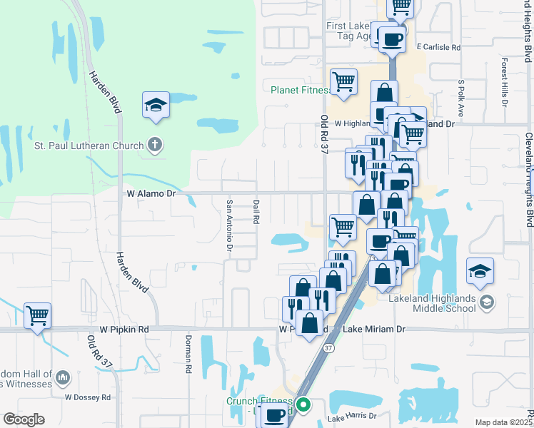 map of restaurants, bars, coffee shops, grocery stores, and more near 4637 S Terry Ave in Lakeland