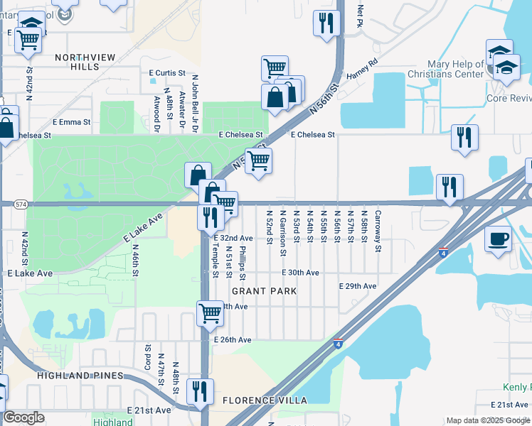 map of restaurants, bars, coffee shops, grocery stores, and more near 3822 North 52nd Street in Tampa