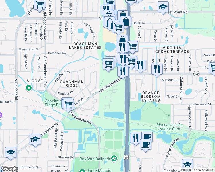map of restaurants, bars, coffee shops, grocery stores, and more near 2500 Northeast Coachman Road in Clearwater