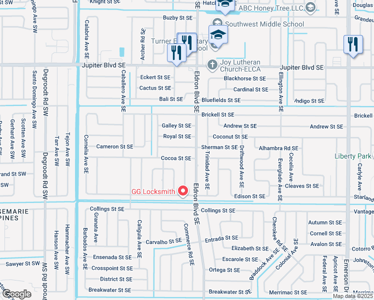 map of restaurants, bars, coffee shops, grocery stores, and more near 378 Sherman Street Southeast in Palm Bay