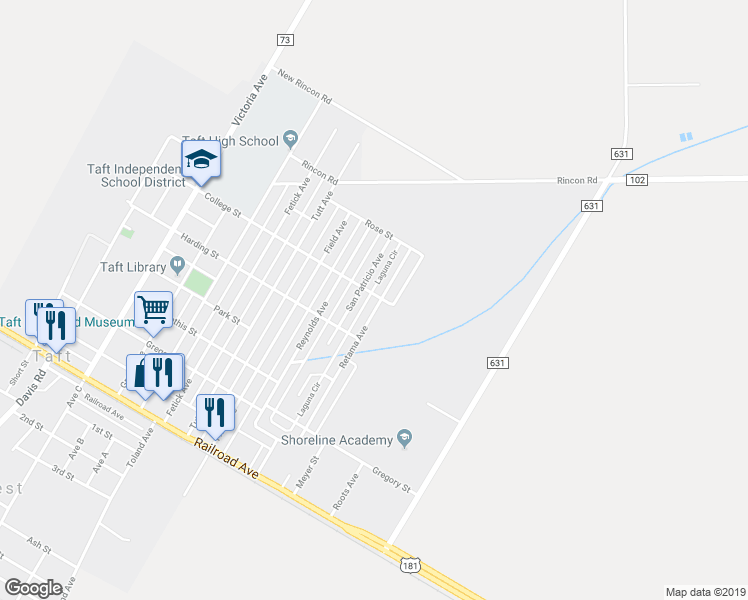 map of restaurants, bars, coffee shops, grocery stores, and more near 639 Retama Avenue in Taft