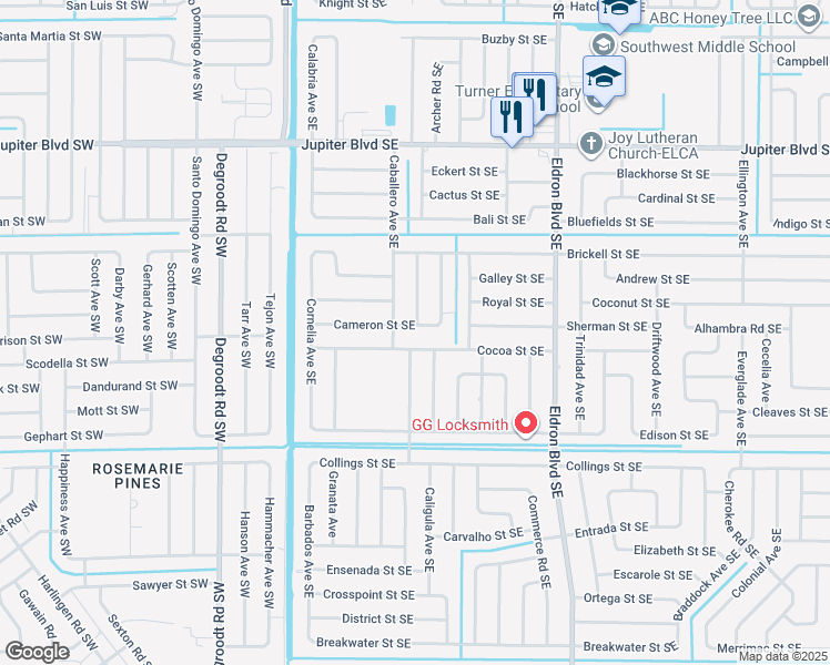 map of restaurants, bars, coffee shops, grocery stores, and more near 234 Cameron Street Southeast in Palm Bay