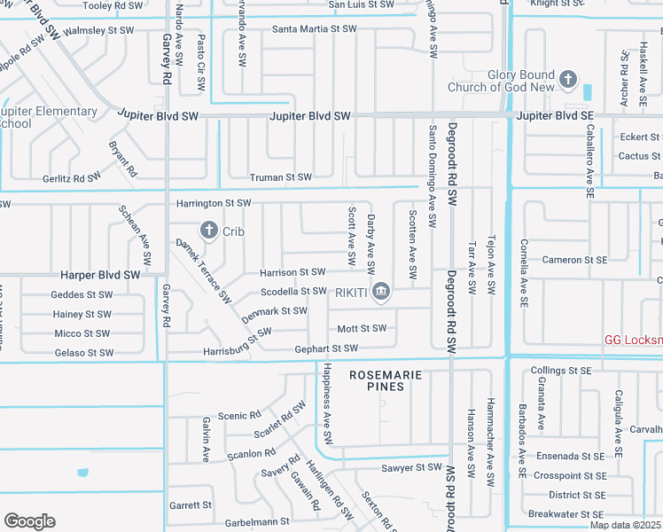map of restaurants, bars, coffee shops, grocery stores, and more near 355 Harrison Street Southwest in Palm Bay