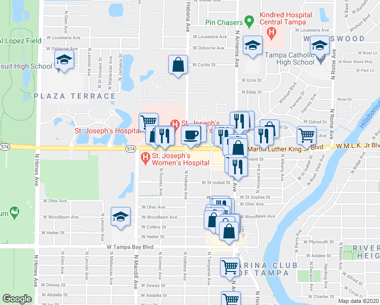 map of restaurants, bars, coffee shops, grocery stores, and more near 2734 West Martin Luther King Junior Boulevard in Tampa