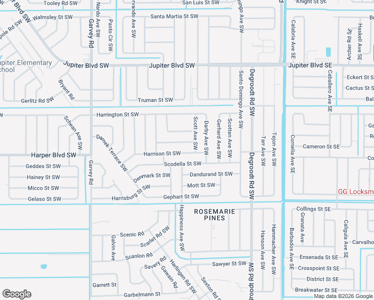 map of restaurants, bars, coffee shops, grocery stores, and more near 355 Harrison Street Southwest in Palm Bay