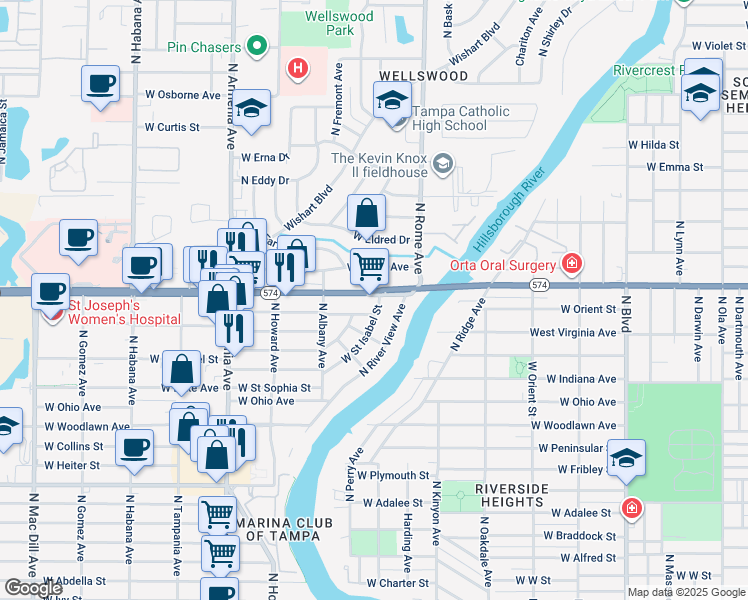map of restaurants, bars, coffee shops, grocery stores, and more near 1914 West Martin Luther King Junior Boulevard in Tampa