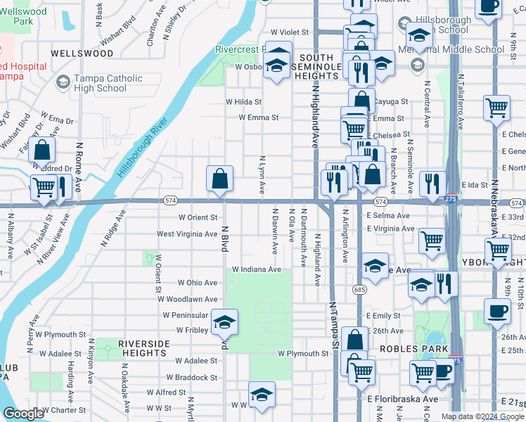 map of restaurants, bars, coffee shops, grocery stores, and more near 3917 North Lynn Avenue in Tampa