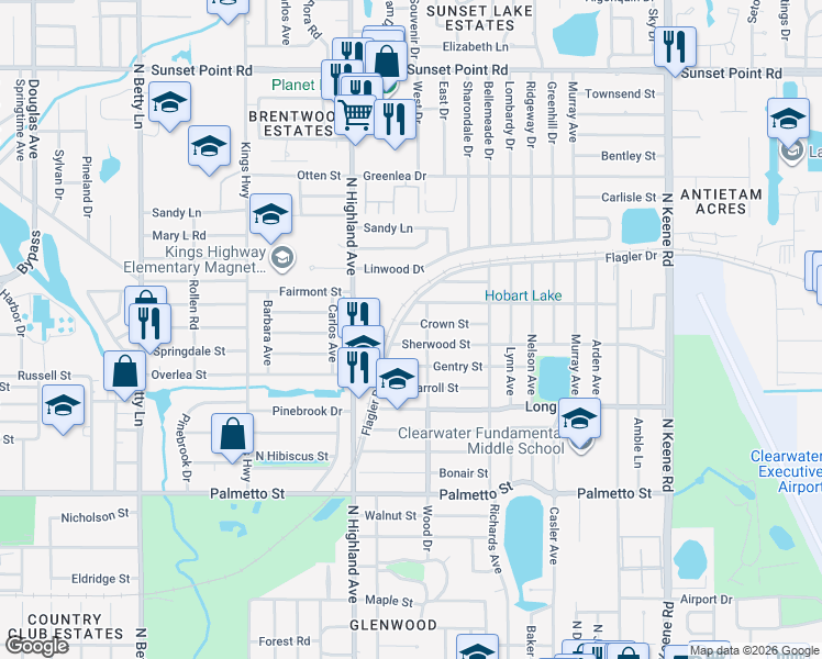 map of restaurants, bars, coffee shops, grocery stores, and more near 1543 Crown Street in Clearwater