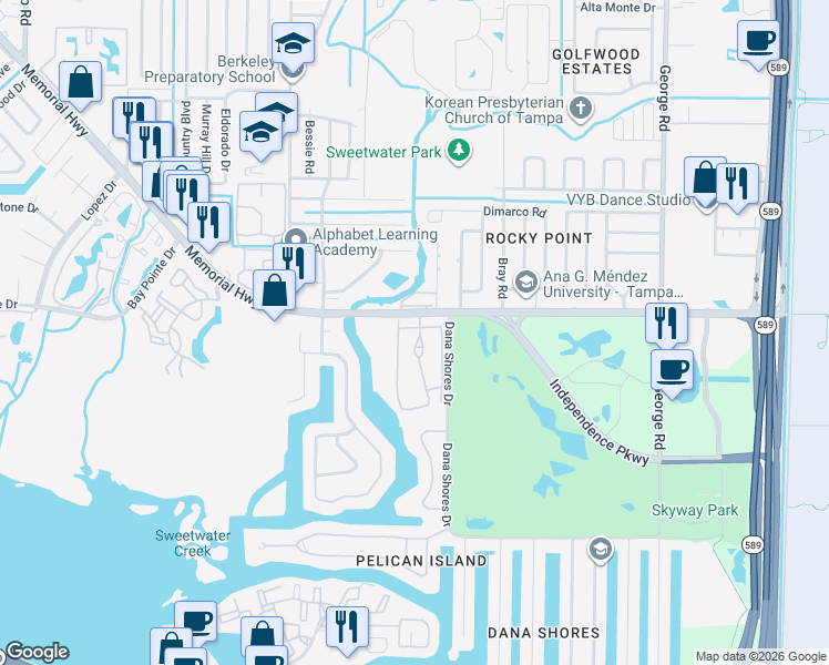 map of restaurants, bars, coffee shops, grocery stores, and more near 4314 Ginger Cove Drive in Tampa
