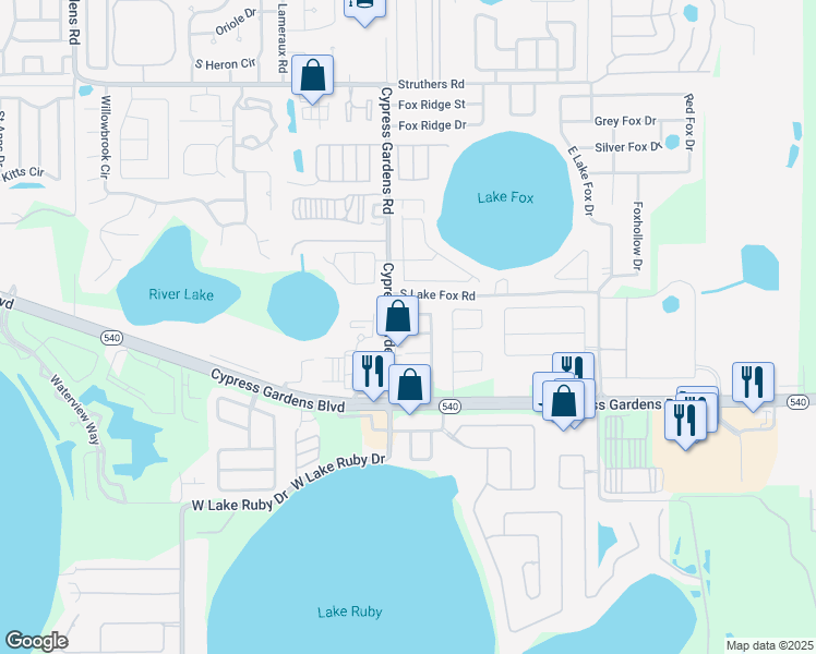map of restaurants, bars, coffee shops, grocery stores, and more near 5 Twilight Lane in Winter Haven