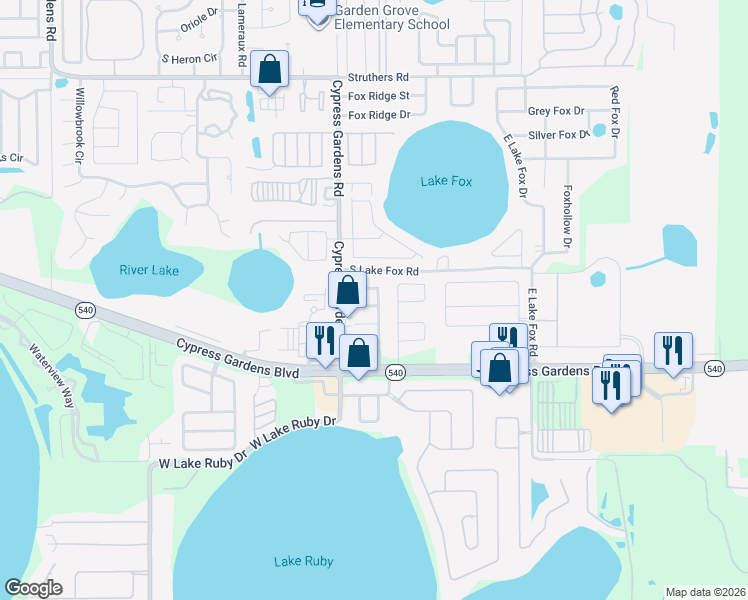 map of restaurants, bars, coffee shops, grocery stores, and more near 5 Twilight Lane in Winter Haven